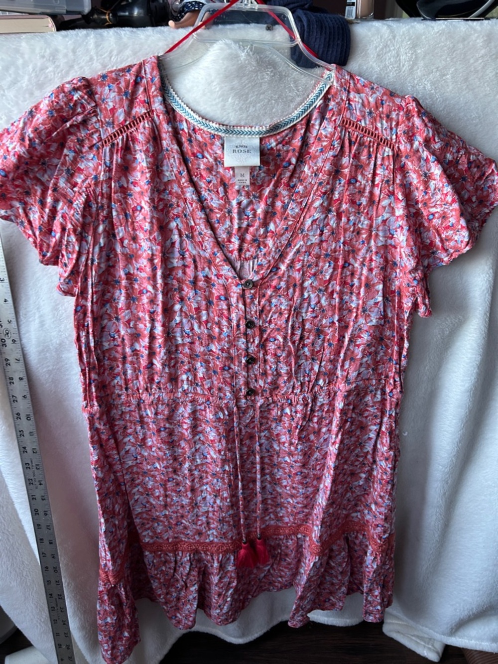Knox Rose Floral Button-Front Tunic Dress in Coral Pink tie waist